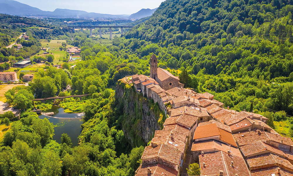 An aerial view of Castellfollit de la Roca and its beautifully green surroundings