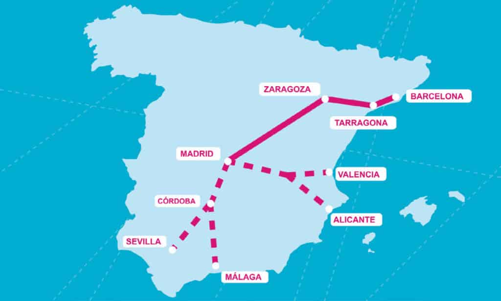 Map of OUIGO low-cost high-speed train routes in Spain