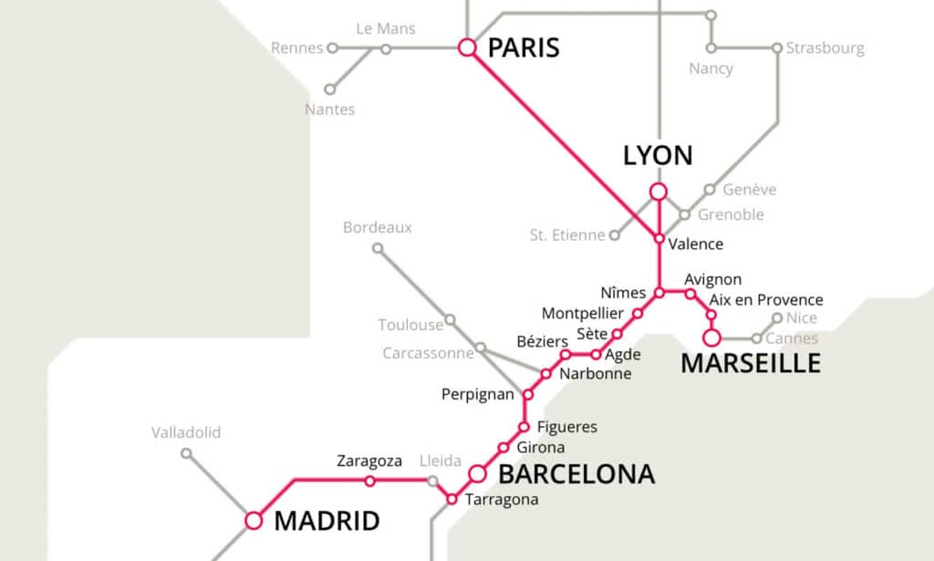 Direct routes (in purple) connecting Spain and France operated jointly by RENFE and SNCF