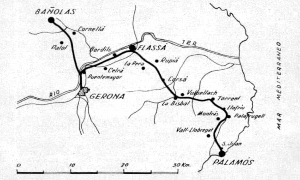 A map of the old railway line connecting Girona and Banyoles with Palamós