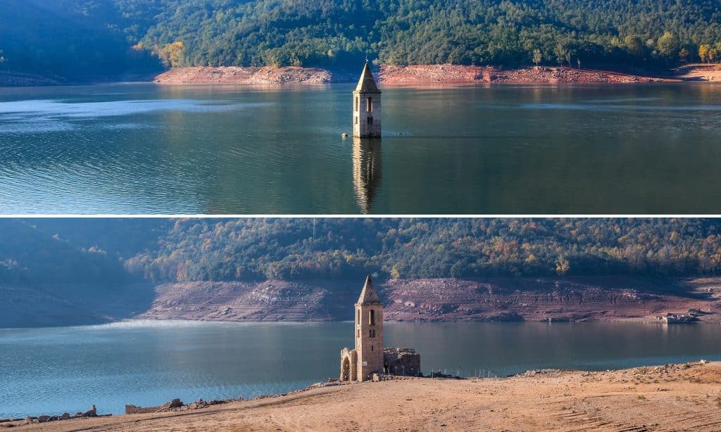 The Church of Pantà de Sau before and now, illustrating the effects of the drought (March 2023).